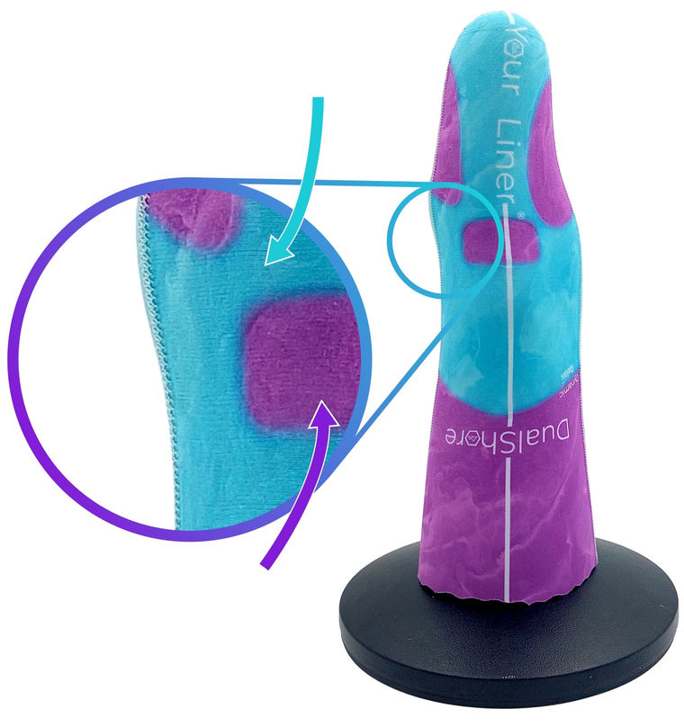 A DualShore liner on a stand, with a magnified view of a soft-silicone zone