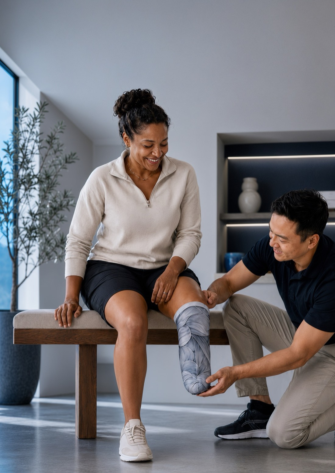 A prosthetist fitting a Your® Liner Essential on a user in a clinic